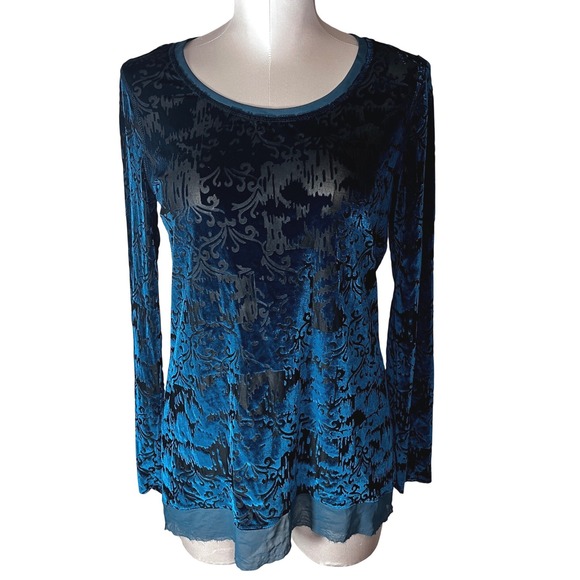 Simply Vera Vera Wang Teal Velvet Burnout Floral Long Sleeve Top Women's Medium - Picture 2 of 13